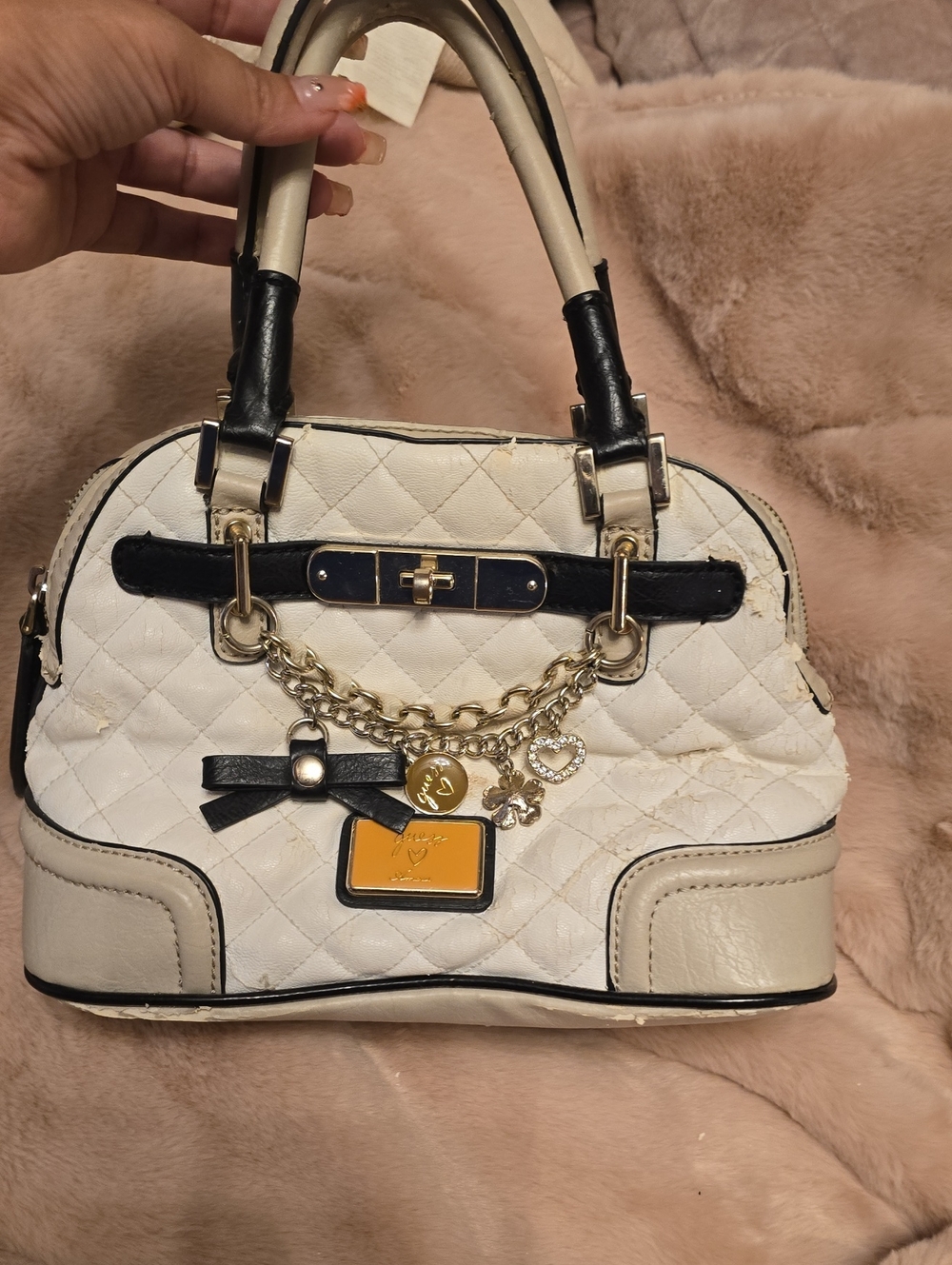 Guess Cream Quilted Satchel Handbag with Black Trim